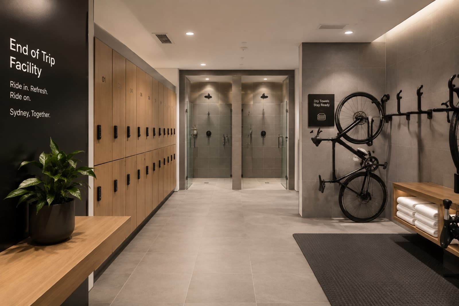 An end-of-trip facility in a Sydney commercial building, with timber lockers, glass shower cubicles, wall-mounted bike racks and folded towels.
