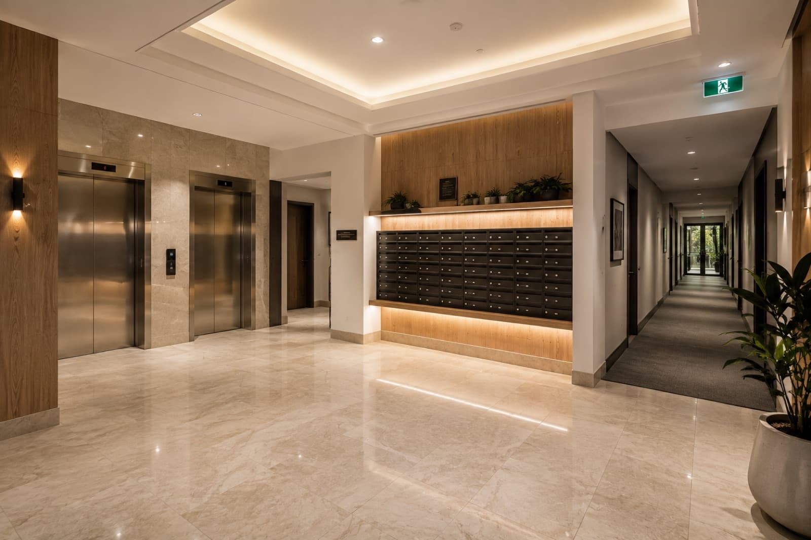 The lift lobby of a Sydney strata building, with a mailbox wall and a residential corridor beyond: the common areas a cleaning scope of works has to cover.