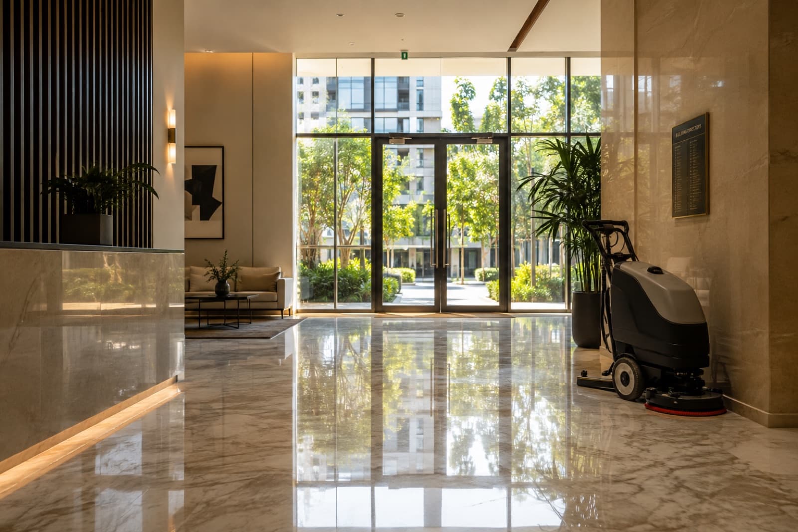 A floor scrubber parked beside the reception desk in the polished marble lobby of a Sydney residential building, ready for a scheduled clean.
