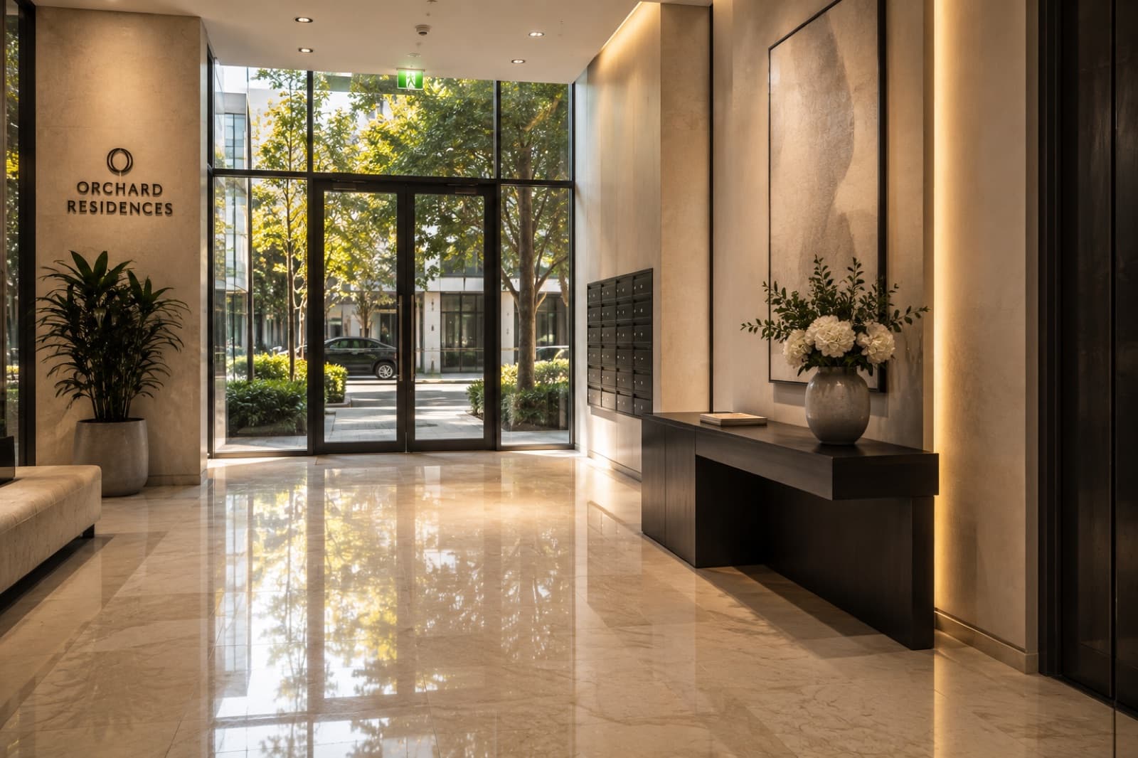 The entry lobby of a Sydney residential strata building, with polished marble floors, a mailbox bank and floor-to-ceiling glass onto a tree-lined street.