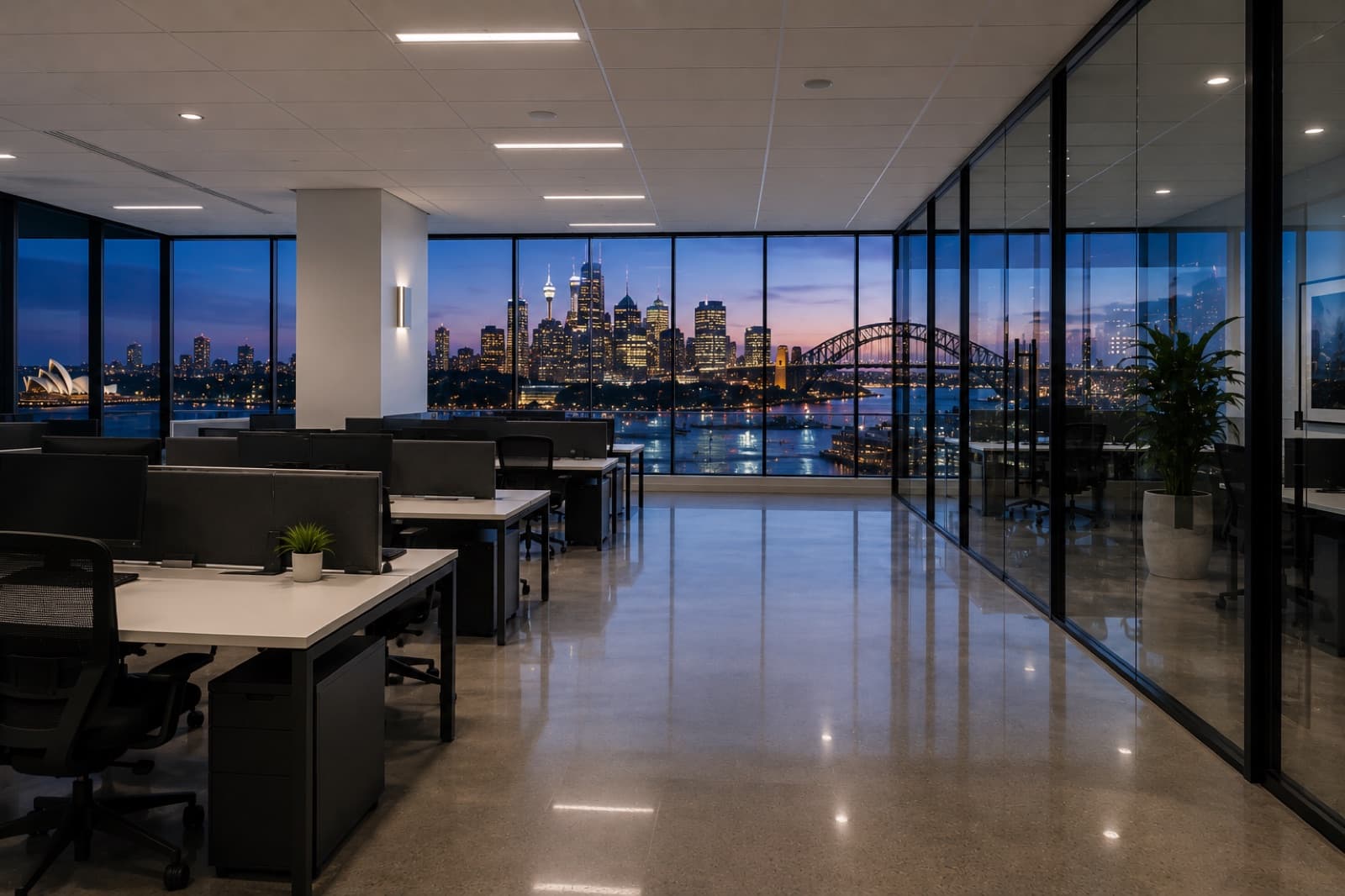 An open-plan Sydney office floor at dusk, desks cleared and floors polished, with the city skyline and Harbour Bridge through floor-to-ceiling windows.