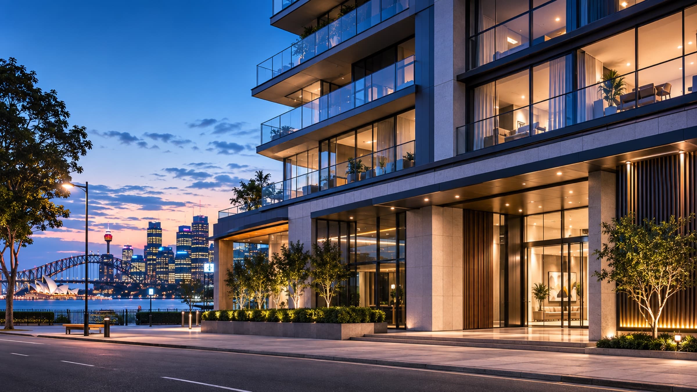 A premium mixed-use Sydney building at dusk, residential apartments above a lit commercial lobby, with the Harbour Bridge and Opera House in the distance.